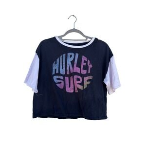 Hurley Surf Cropped T-Shirt‎ Womens Black White Ringer Graphic Tee Sz M